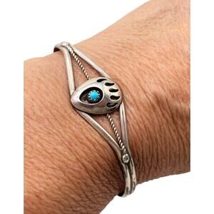 Southwestern Sterling Silver 925 & Turquoise Bear Paw Cuff Bracelet 6.5''